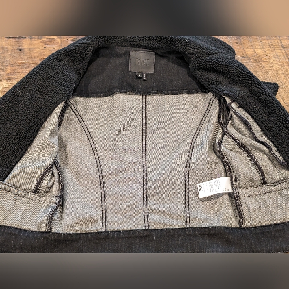 PAIGE Jean Jacket Sydney Women's Small Moto Sherpa Coated Black Stretch Denim - Picture 14 of 16